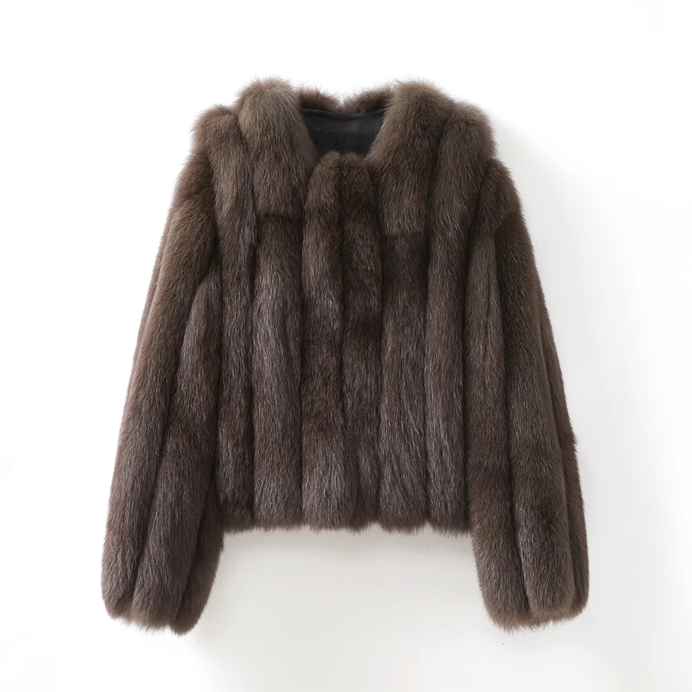 Brown fox fur jacket in a waist-length silhouette