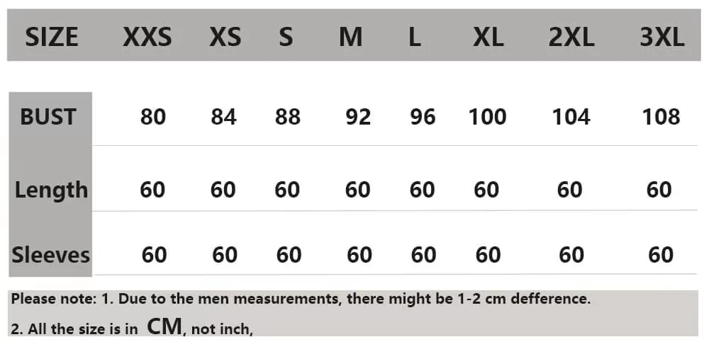 Example garment size chart in centimeters for custom outerwear discussion