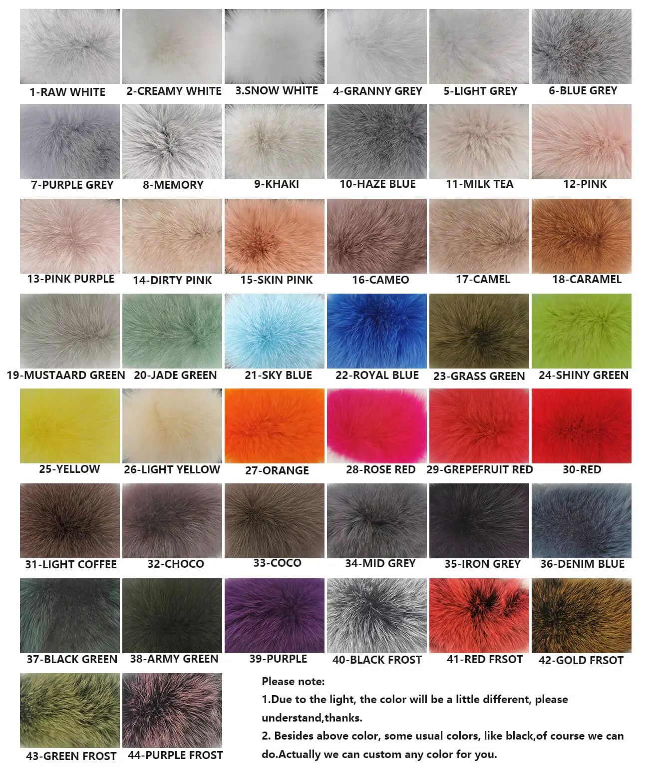 44-color fox fur reference chart for custom outerwear