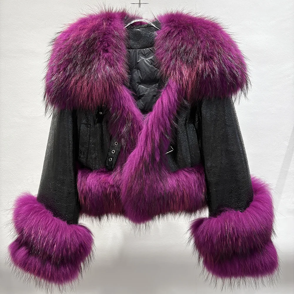 Black Leather Jacket with Raccoon Fur Trim — front reference