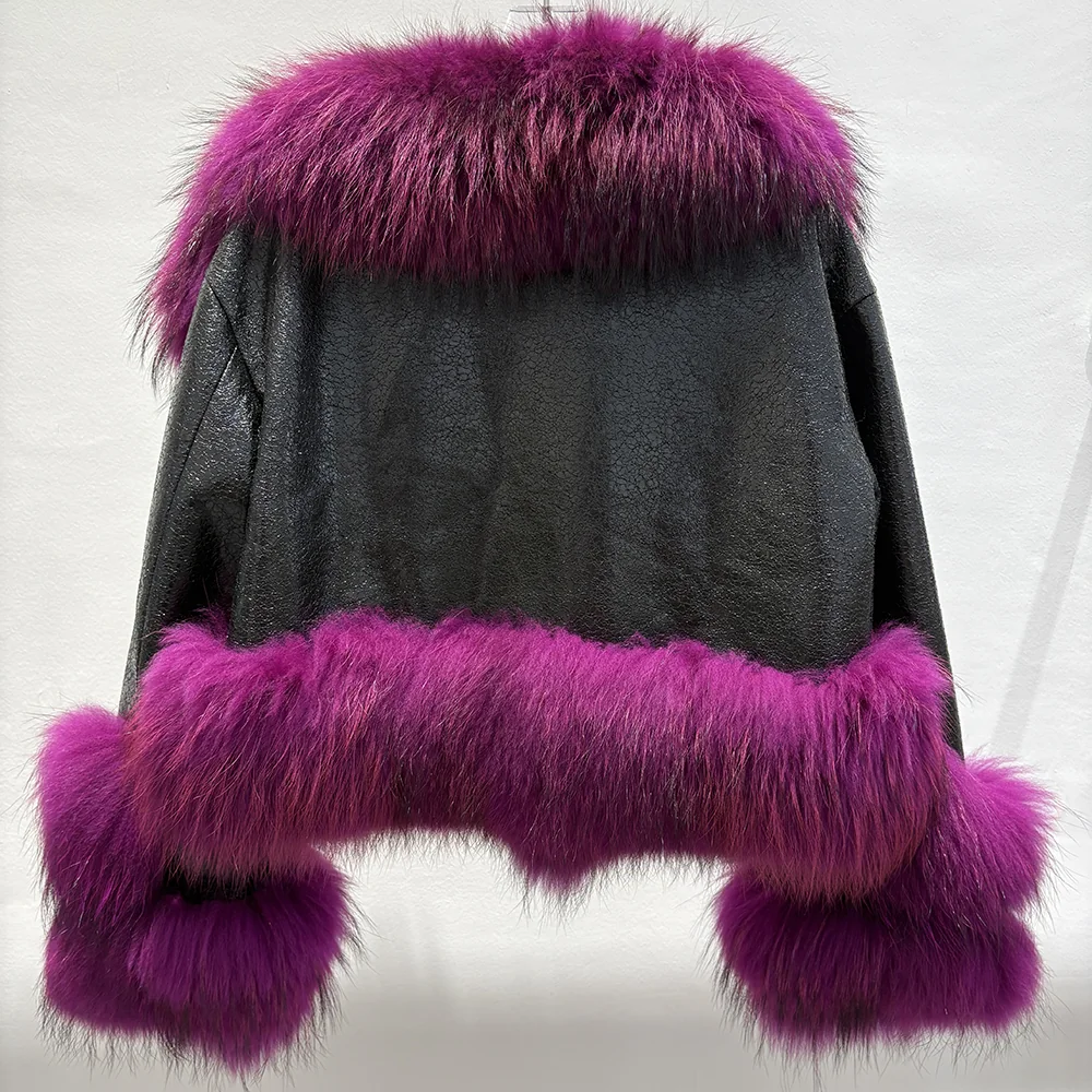 Black Leather Jacket with Raccoon Fur Trim — back view