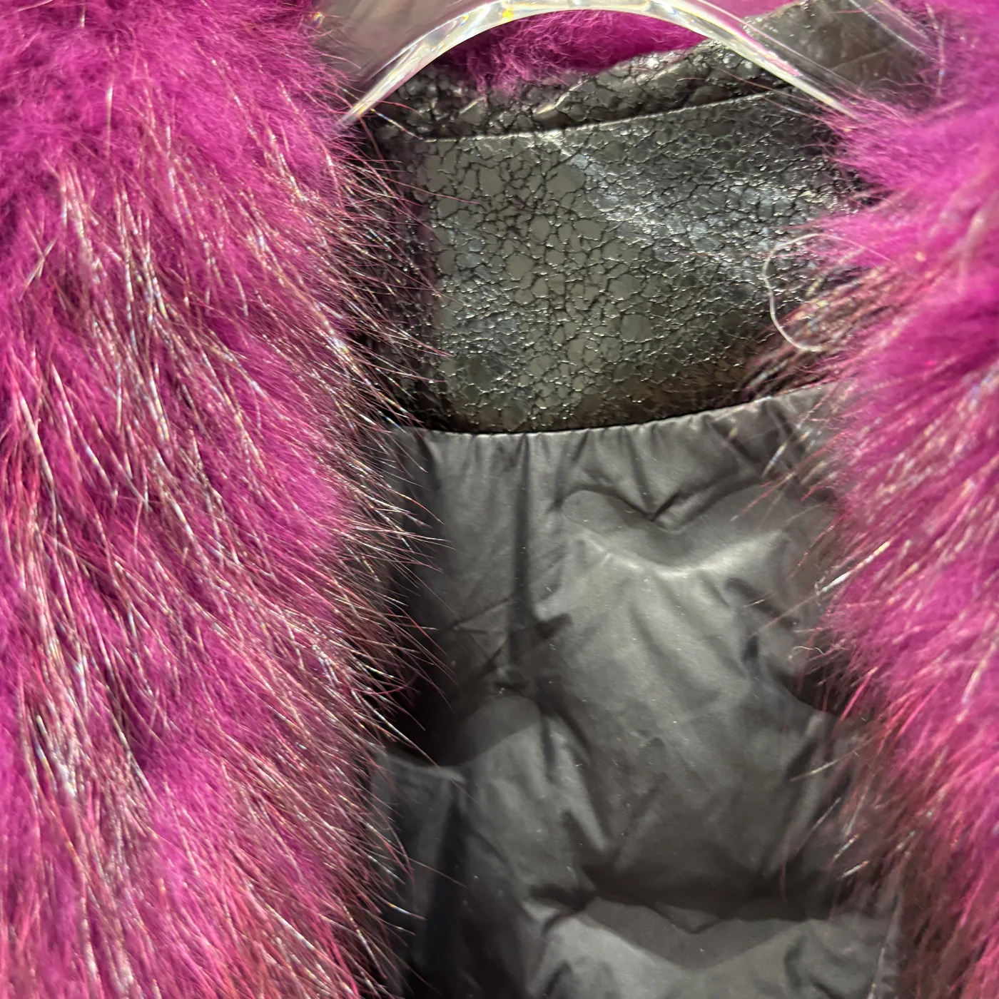 Black Leather Jacket with Raccoon Fur Trim — lining detail