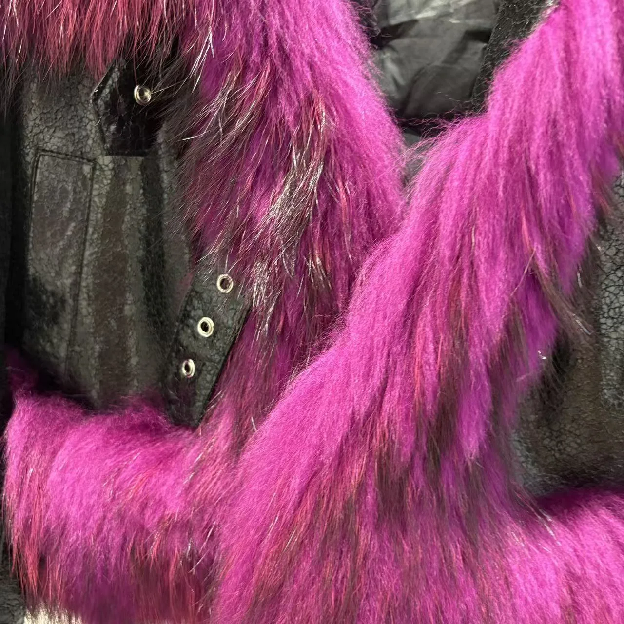 Black Leather Jacket with Raccoon Fur Trim — front opening detail