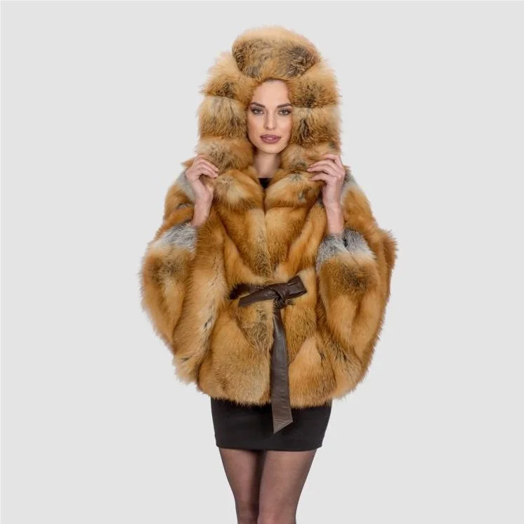 Canadian Red Fox Fur Cape Jacket with Belt — front reference