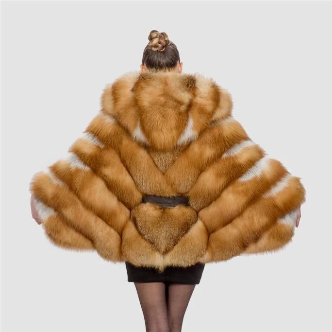 Canadian Red Fox Fur Cape Jacket with Belt — back view