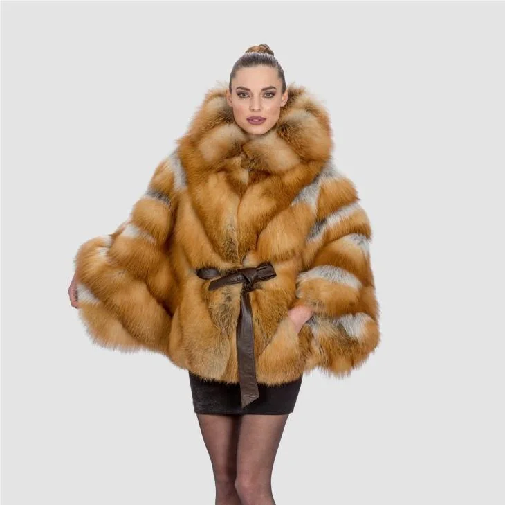 Canadian Red Fox Fur Cape Jacket with Belt — front view