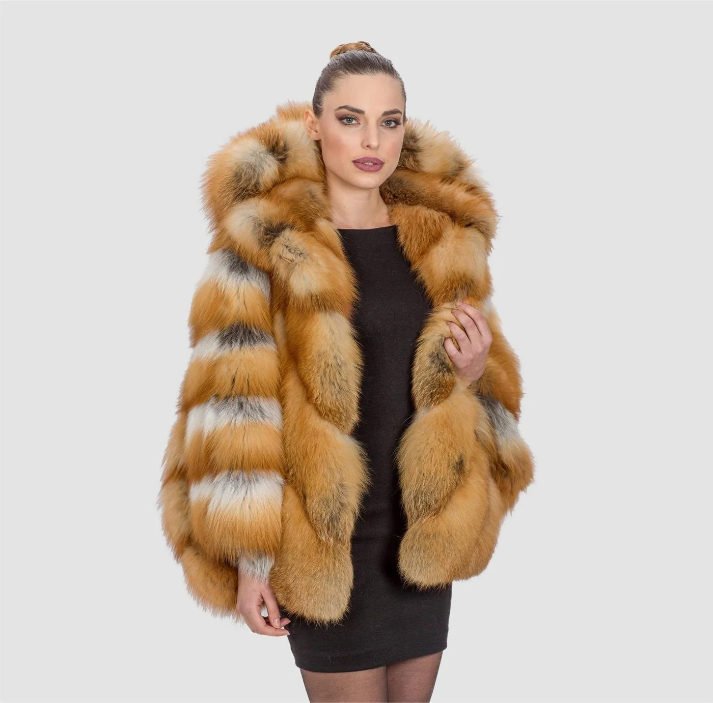 Canadian Red Fox Fur Cape Jacket with Belt — front view