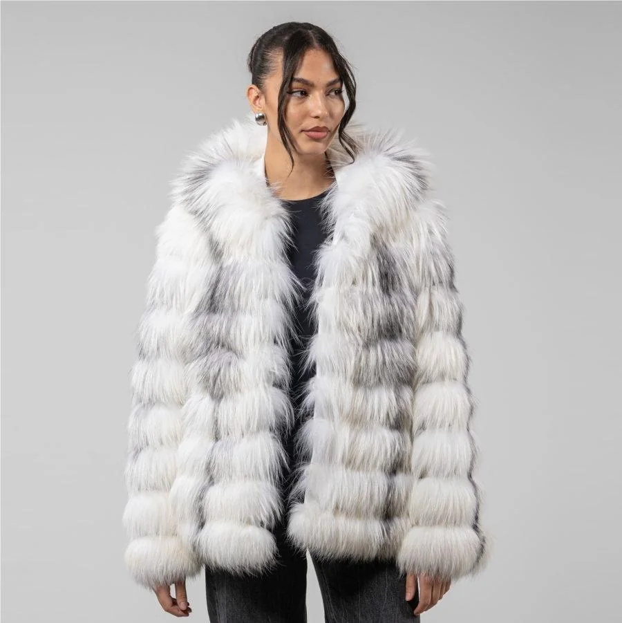 Hooded Long Fox Fur Jacket with Front Closure — front reference