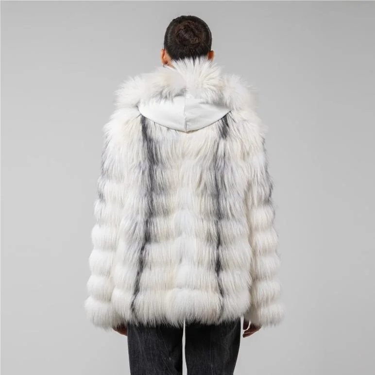 Hooded Long Fox Fur Jacket with Front Closure — back view