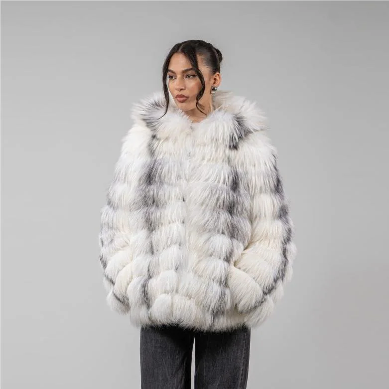 Hooded Long Fox Fur Jacket with Front Closure — front view