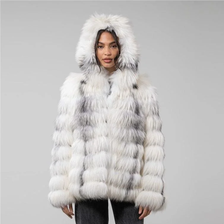 Hooded Long Fox Fur Jacket with Front Closure — hood view