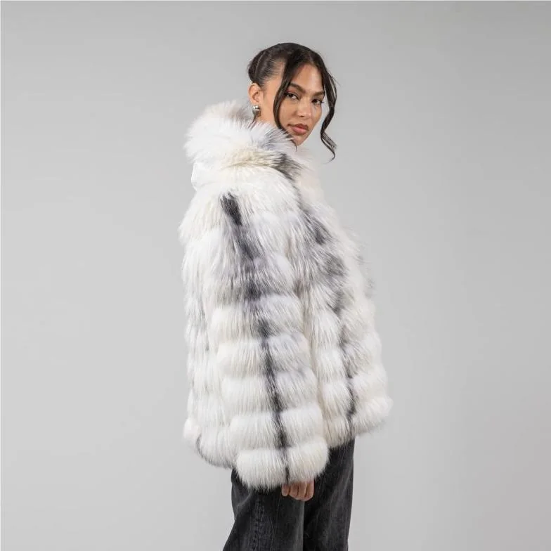 Hooded Long Fox Fur Jacket with Front Closure — side view