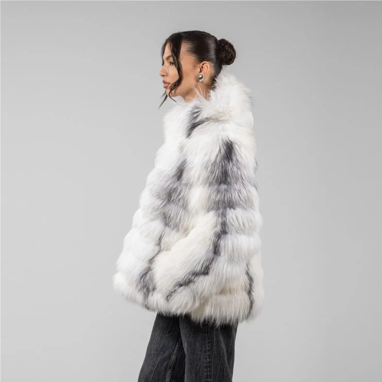 Hooded Long Fox Fur Jacket with Front Closure — side view