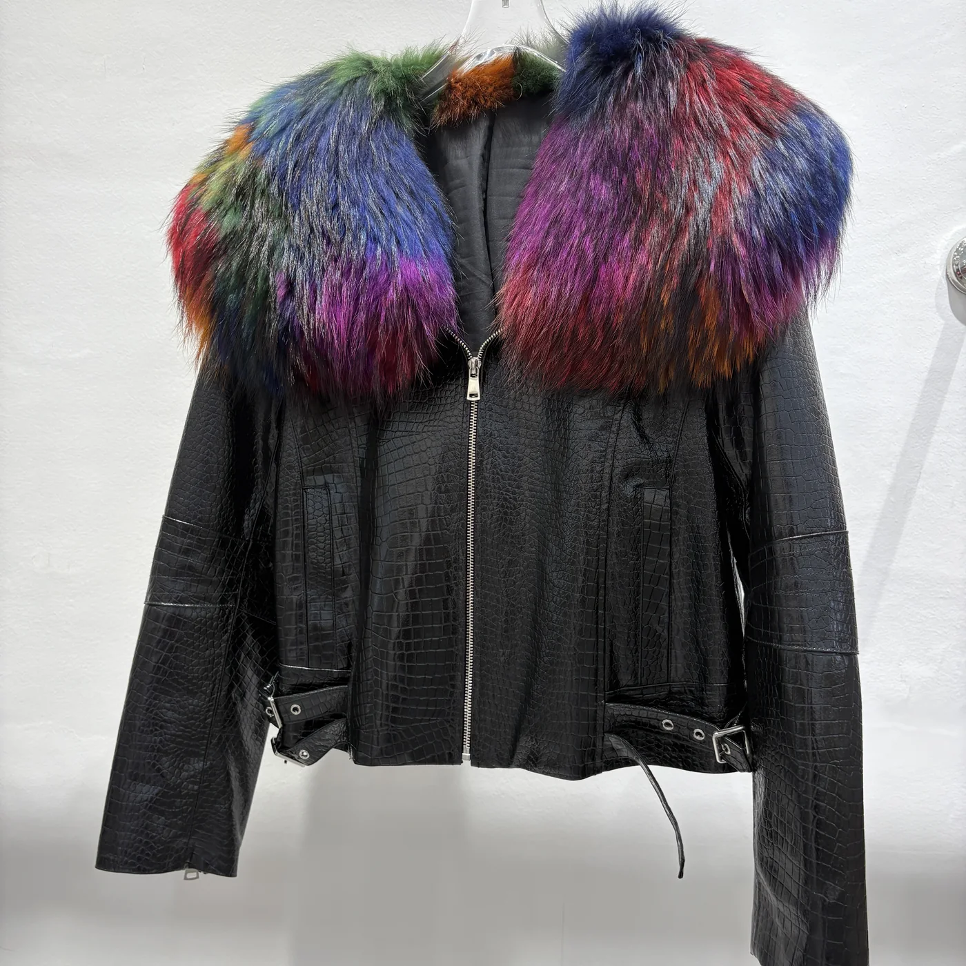 Leather Motorcycle Jacket with Multicolor Fox Fur Collar — front reference