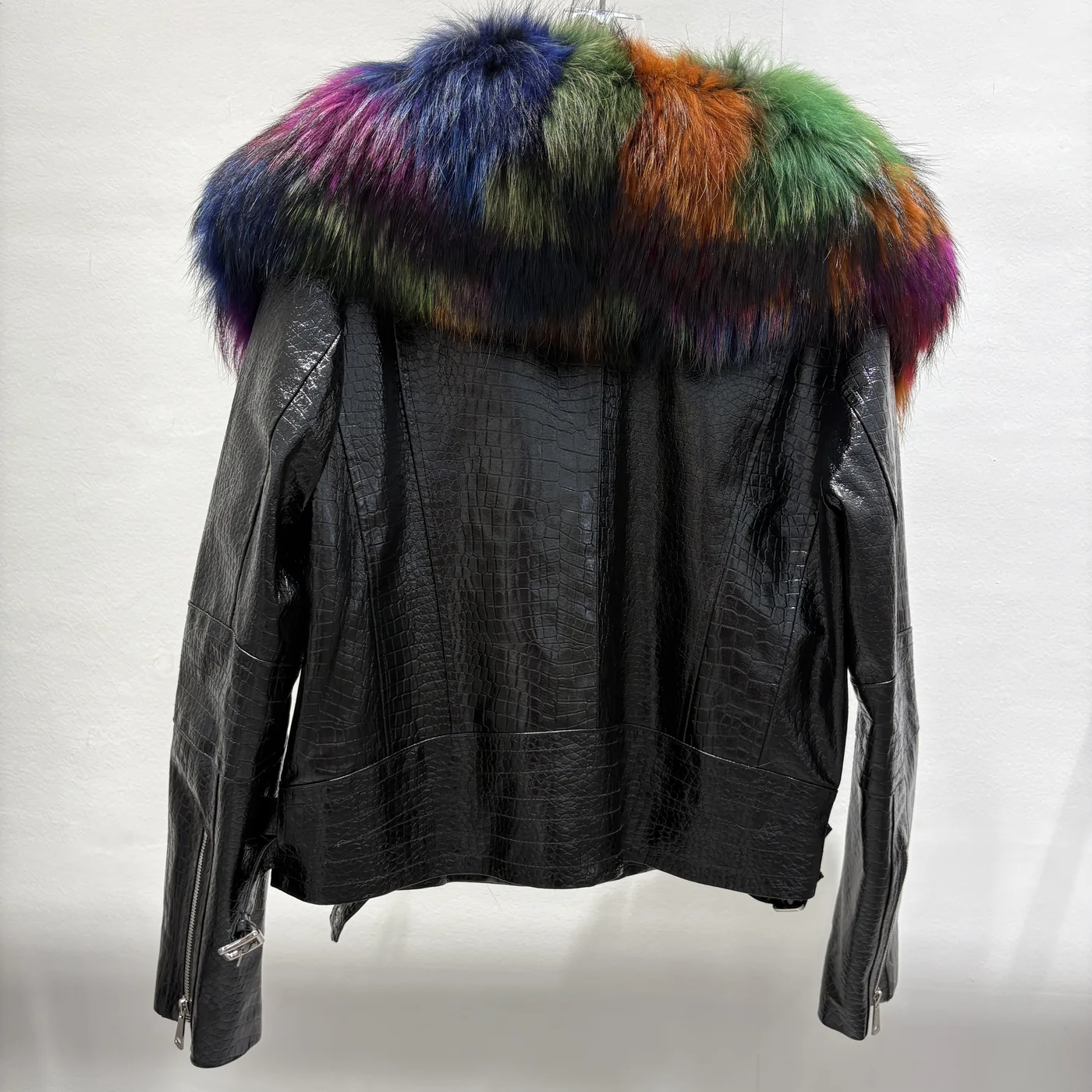 Leather Motorcycle Jacket with Multicolor Fox Fur Collar — back view