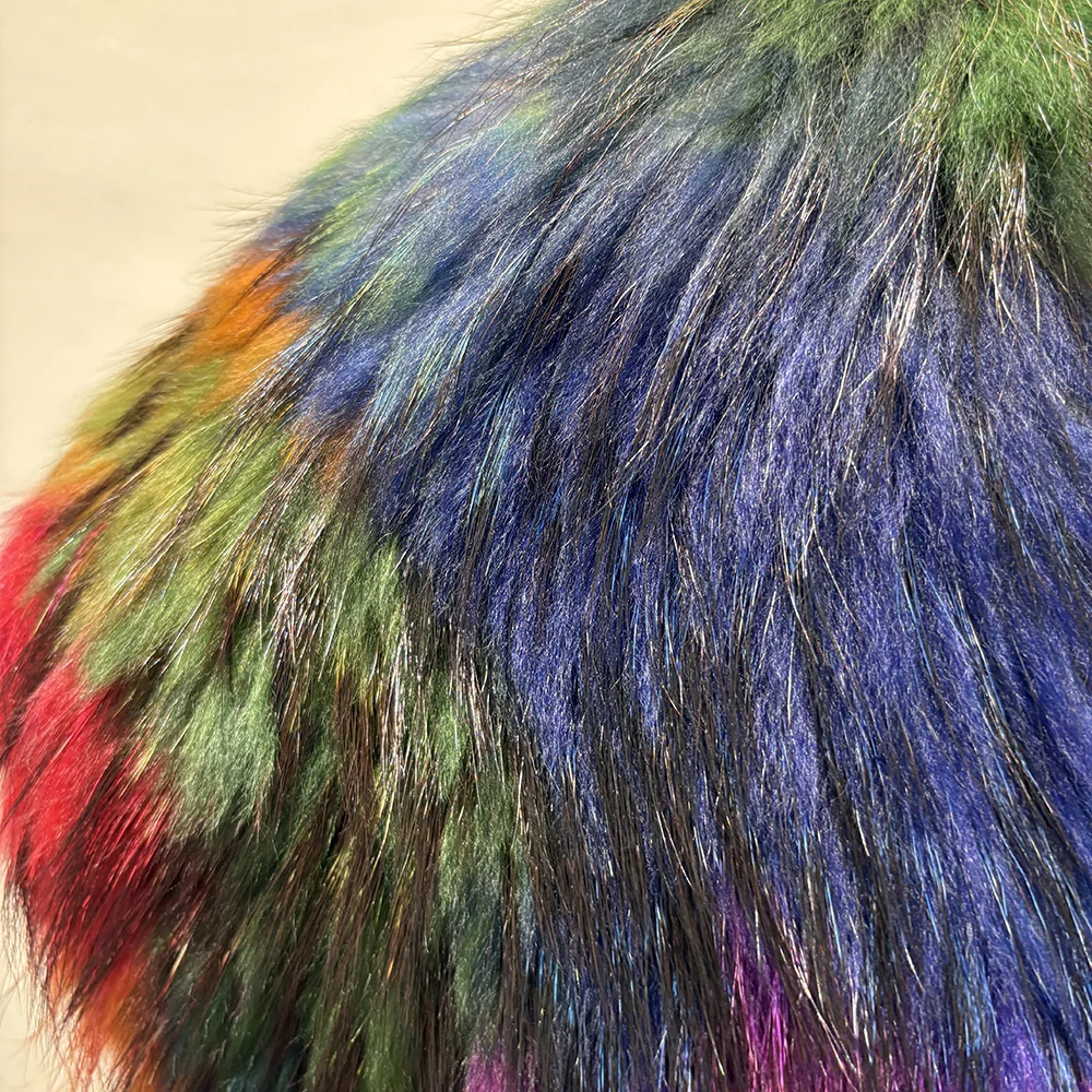Leather Motorcycle Jacket with Multicolor Fox Fur Collar — collar and fur detail