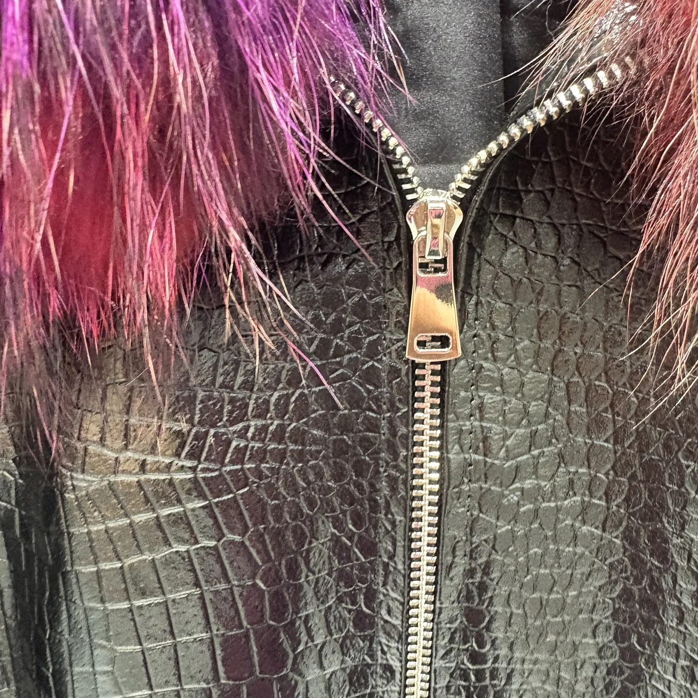 Leather Motorcycle Jacket with Multicolor Fox Fur Collar — front opening detail
