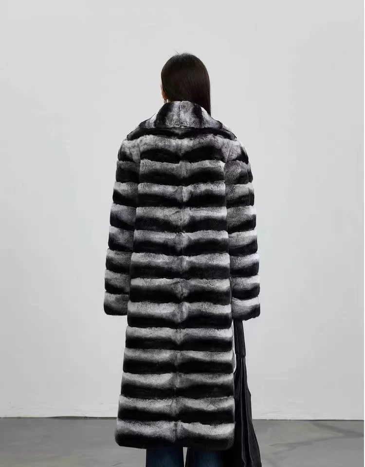 Long Rabbit Fur Coat with Large Lapel — back view