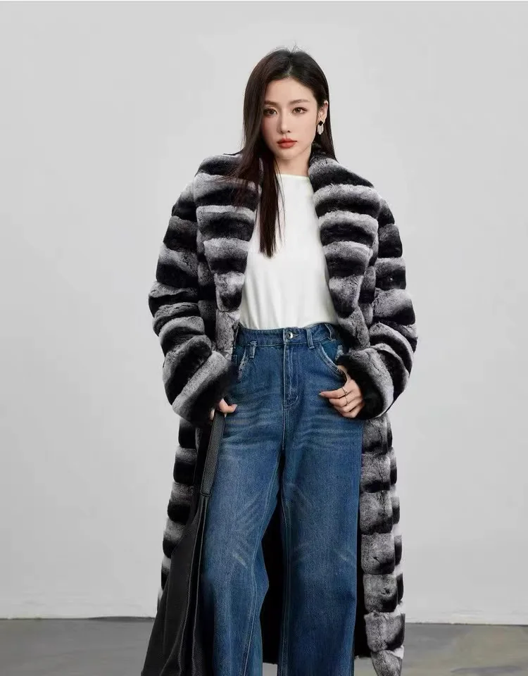 Long Rabbit Fur Coat with Large Lapel — front view