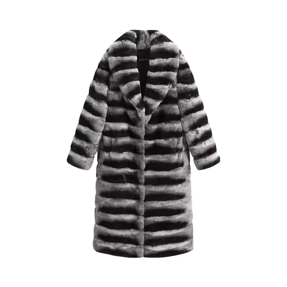 Long Rabbit Fur Coat with Large Lapel — front view