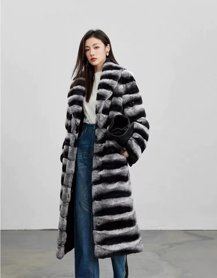 Long Rabbit Fur Coat with Large Lapel — side view