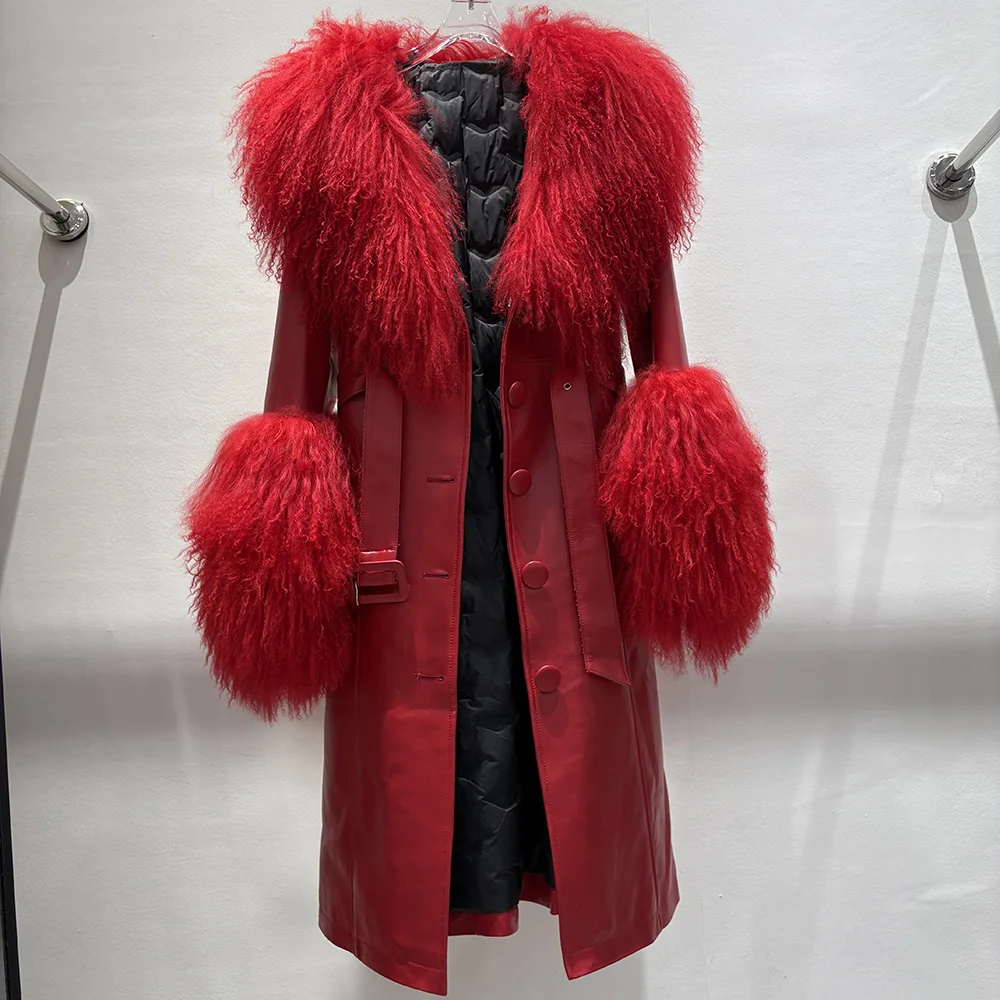 Red Long Leather Coat with Mongolian Fur Trim — front reference