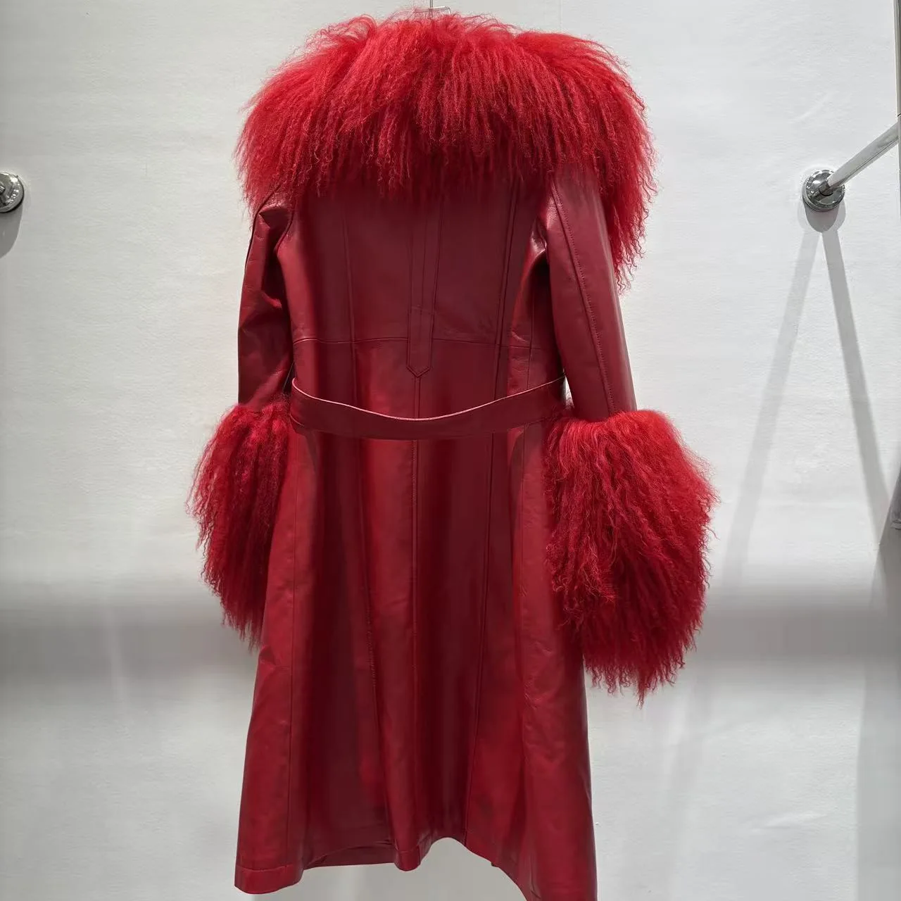 Red Long Leather Coat with Mongolian Fur Trim — back view