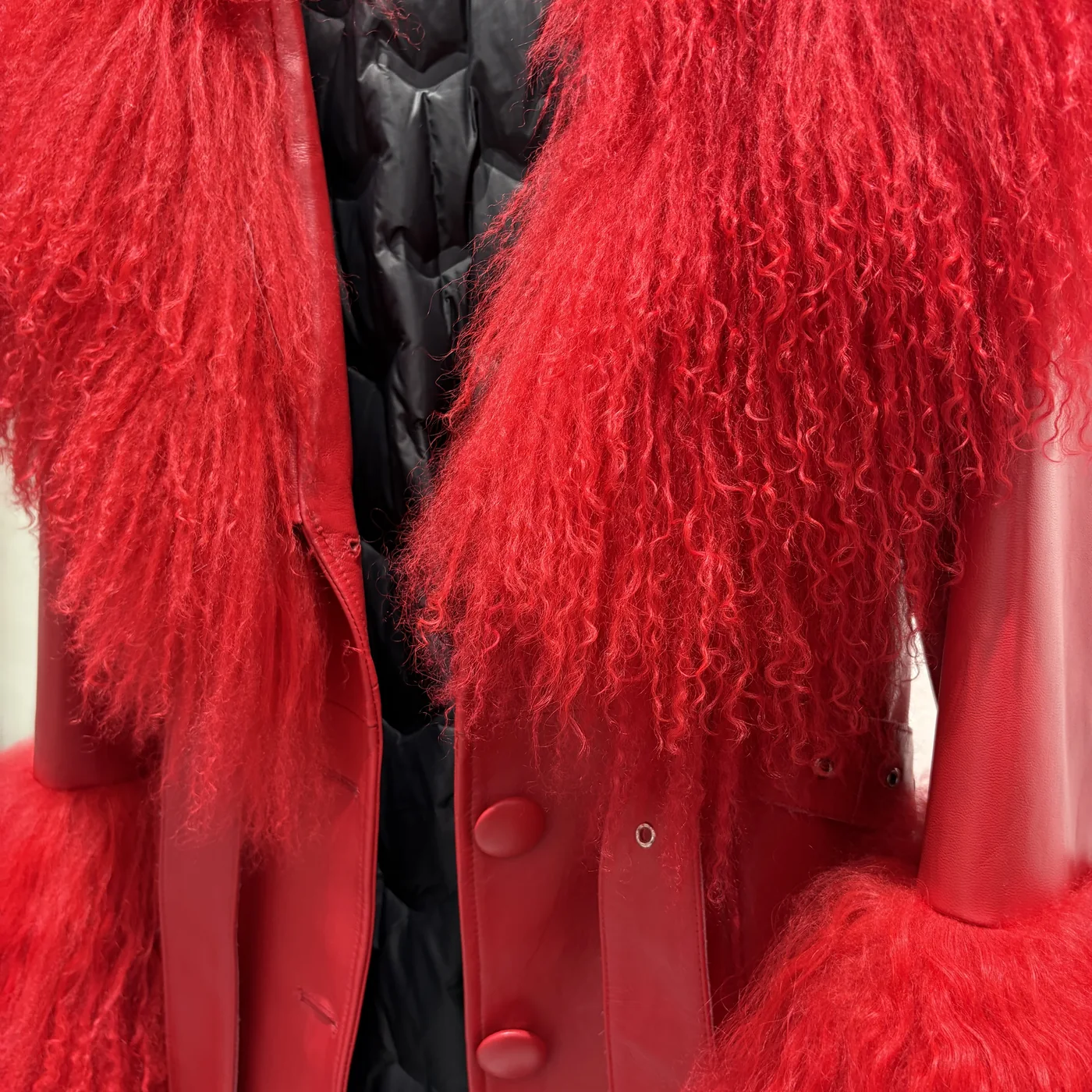 Red Long Leather Coat with Mongolian Fur Trim — collar and fur detail