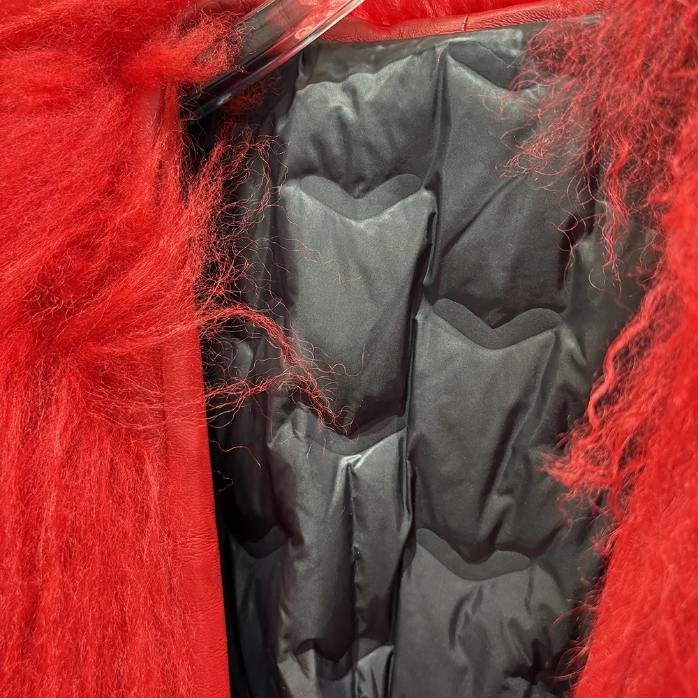 Red Long Leather Coat with Mongolian Fur Trim — lining detail