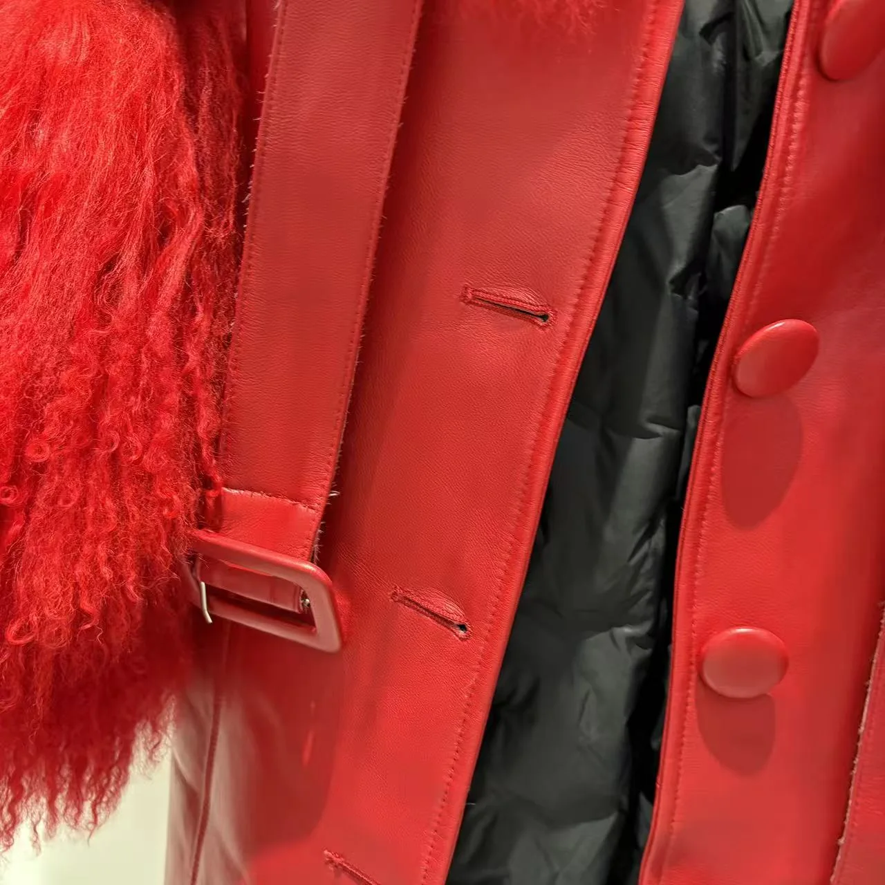 Red Long Leather Coat with Mongolian Fur Trim — front opening detail