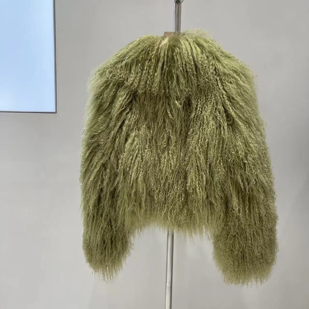Short-Sleeve Mongolian Wool Fur Jacket — back view