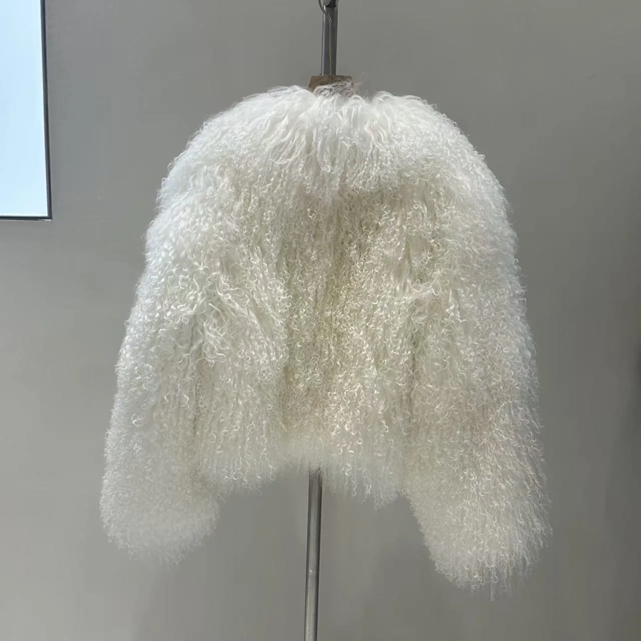 Short-Sleeve Mongolian Wool Fur Jacket — back view
