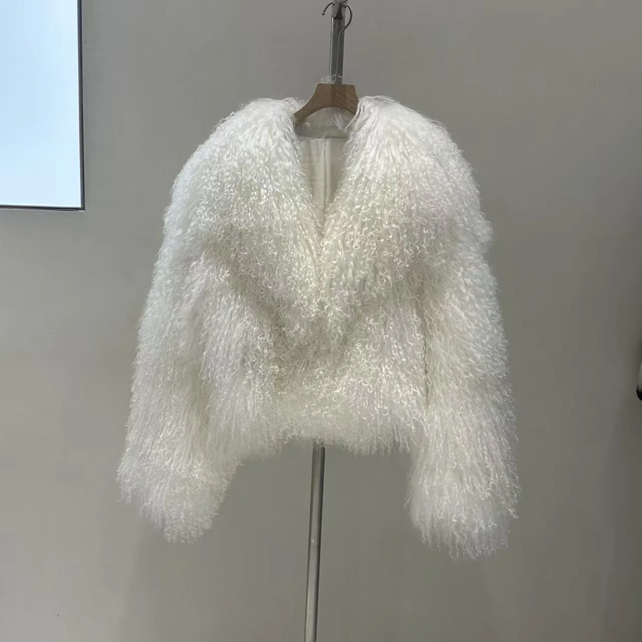 Short-Sleeve Mongolian Wool Fur Jacket — front view