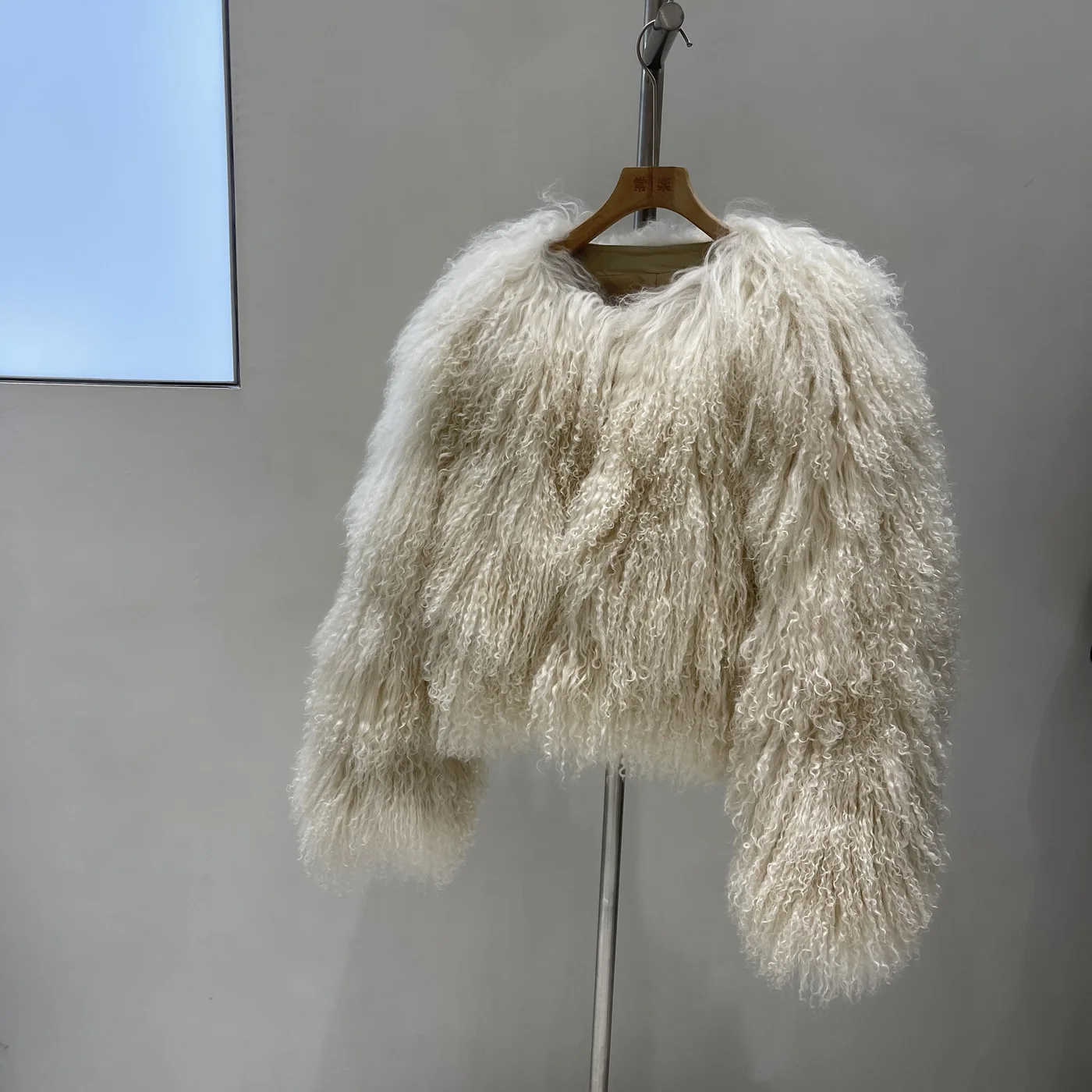 White Hooded Mongolian Lamb Fur Jacket — front reference