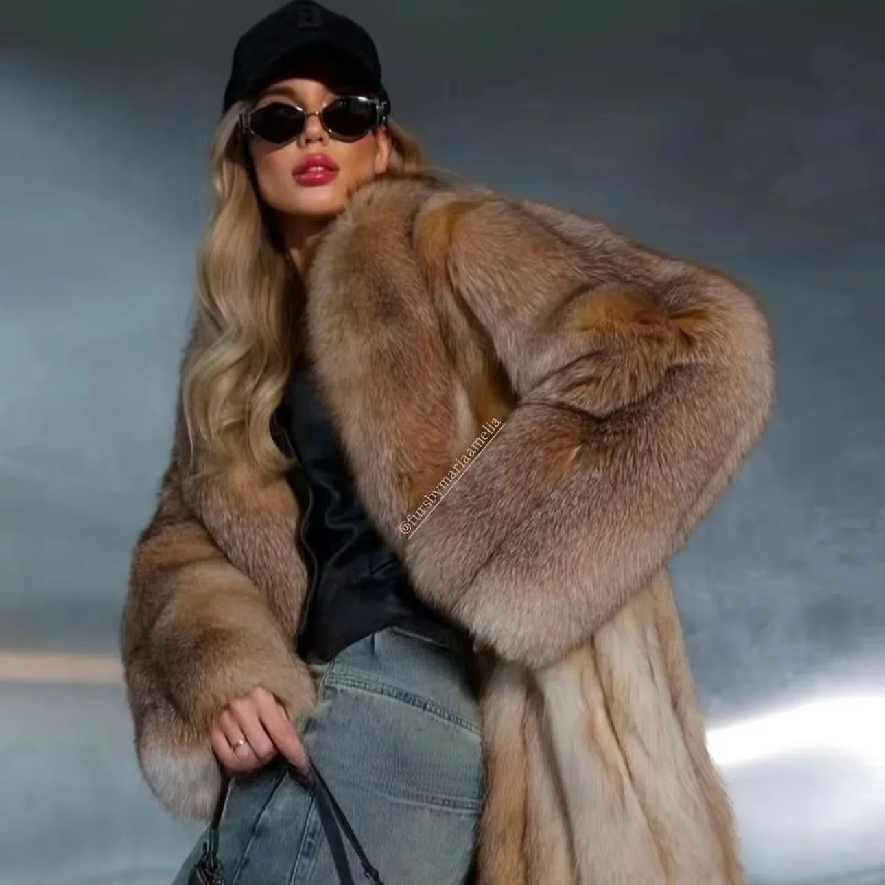 Whole Fox Fur Long Coat with Large Lapel — front reference