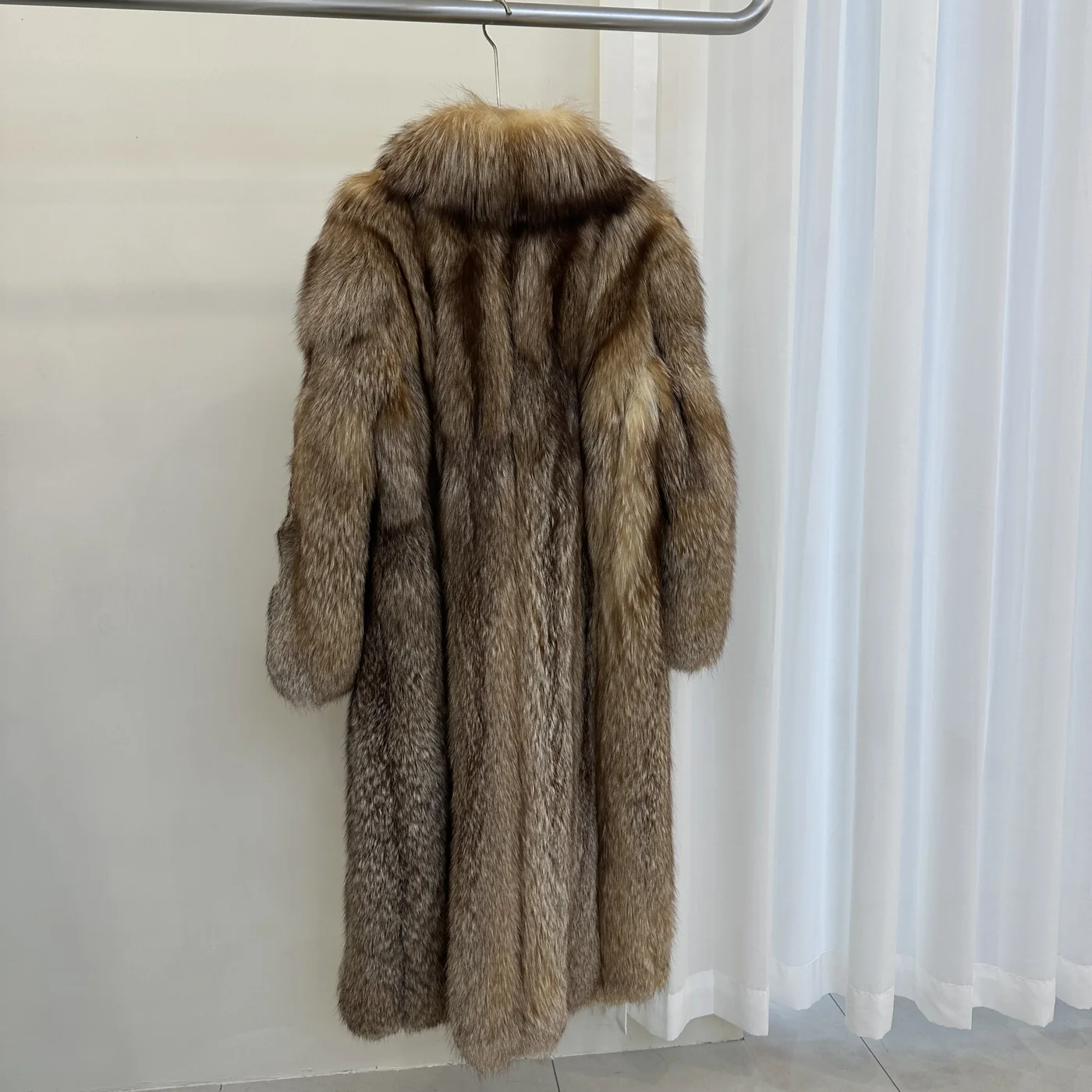 Whole Fox Fur Long Coat with Large Lapel — back view