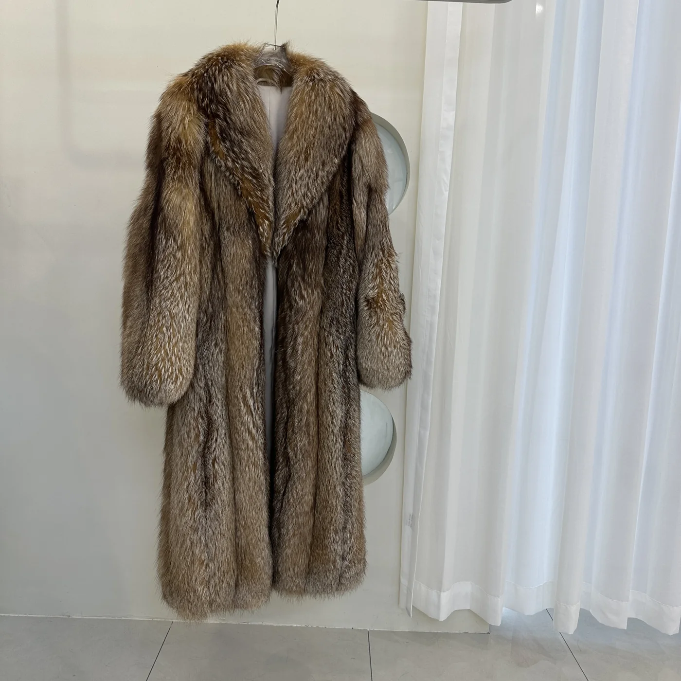 Whole Fox Fur Long Coat with Large Lapel — front view