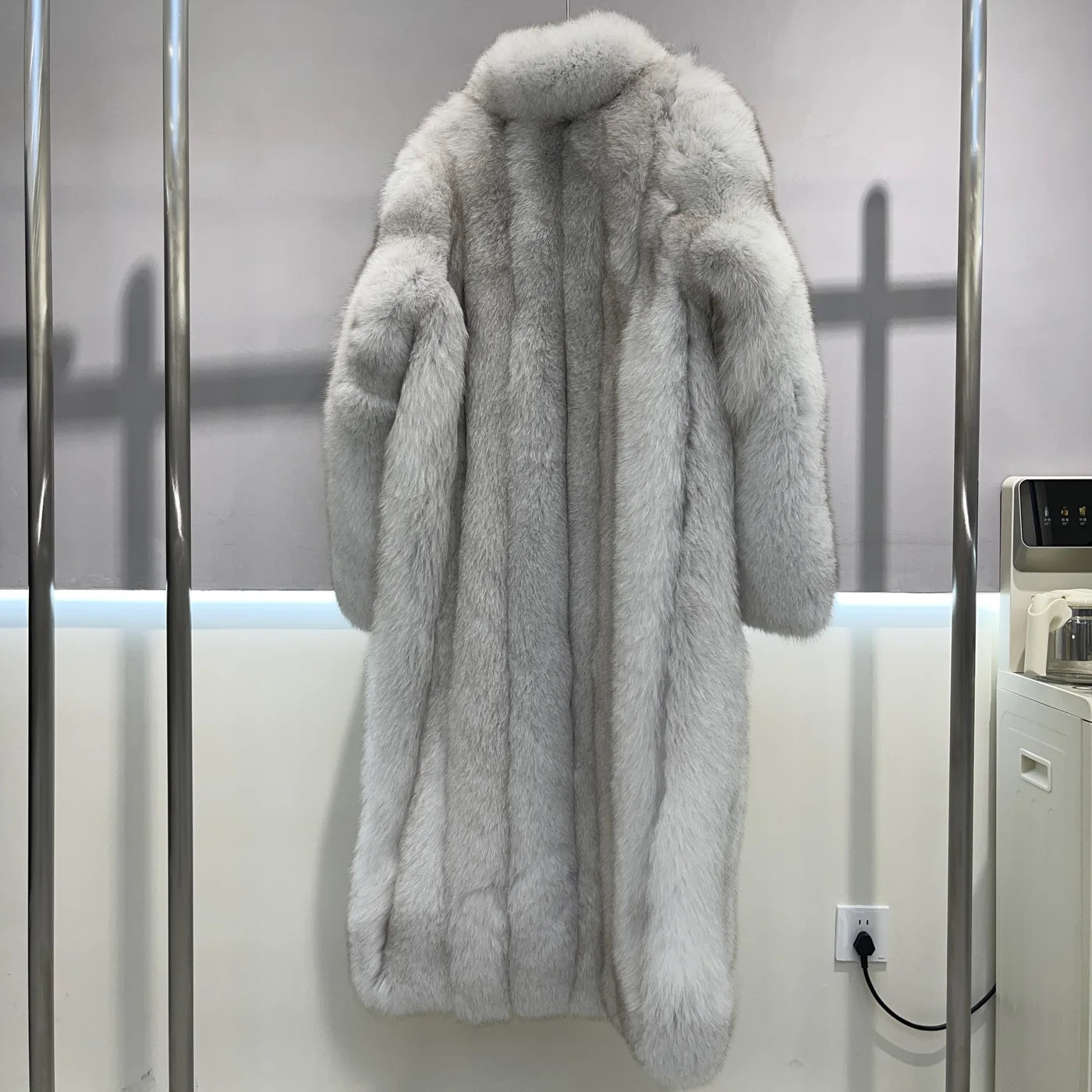Whole Fox Fur Long Coat with Large Lapel — back view