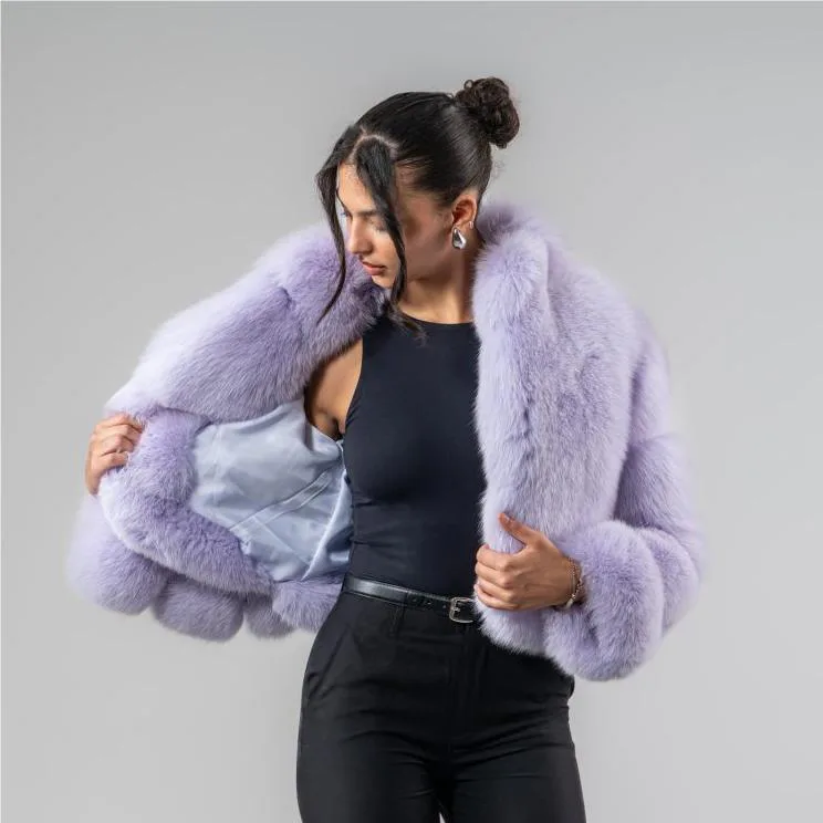 Blue Fox Fur Cropped Jacket open lining view thumbnail