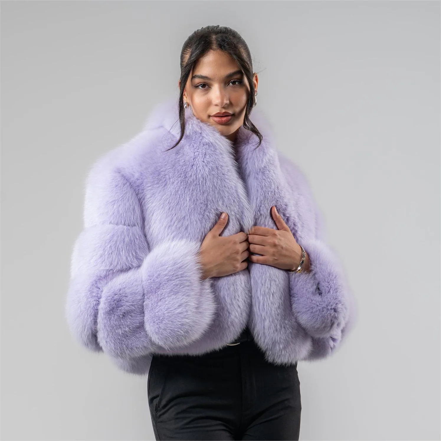 Blue Fox Fur Cropped Jacket worn front view thumbnail