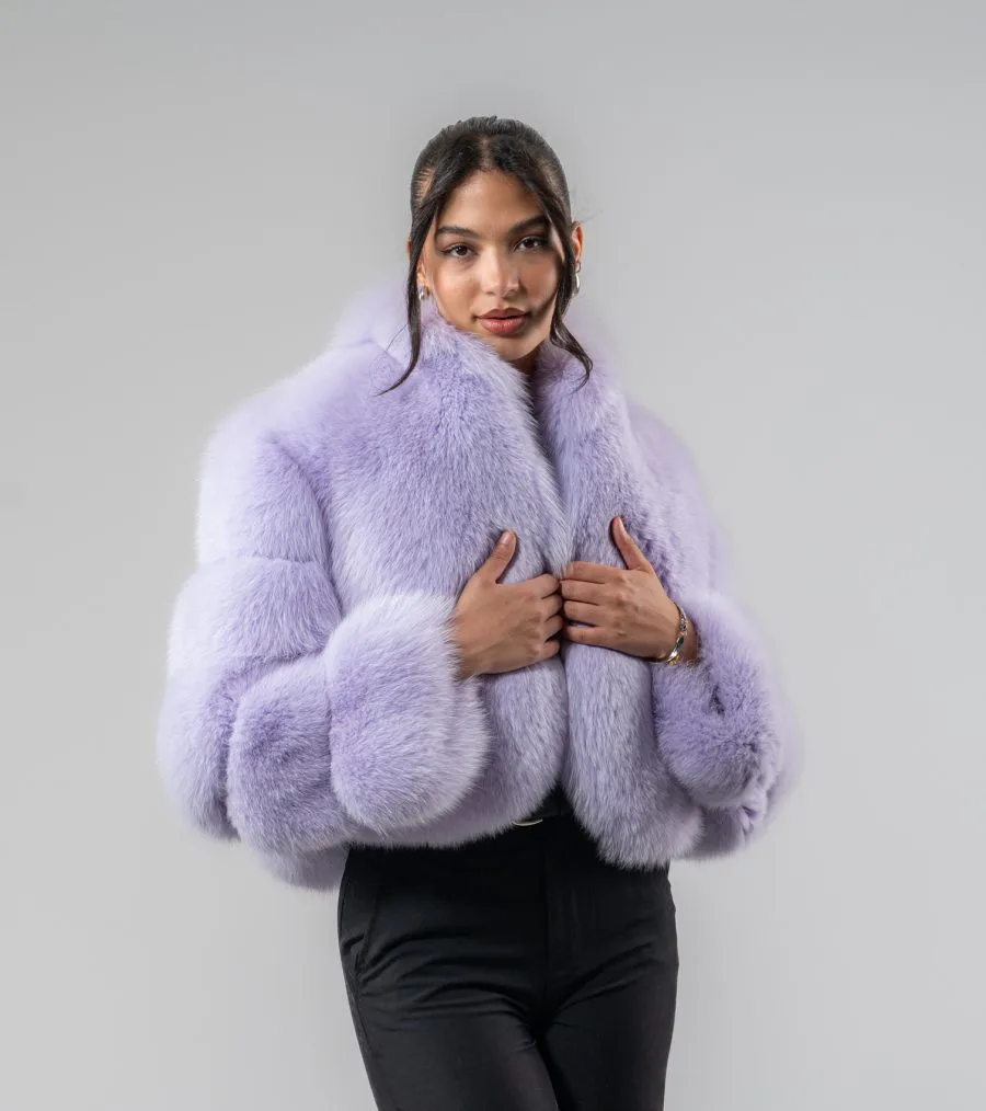 Blue Fox Fur Cropped Jacket alternate worn view thumbnail