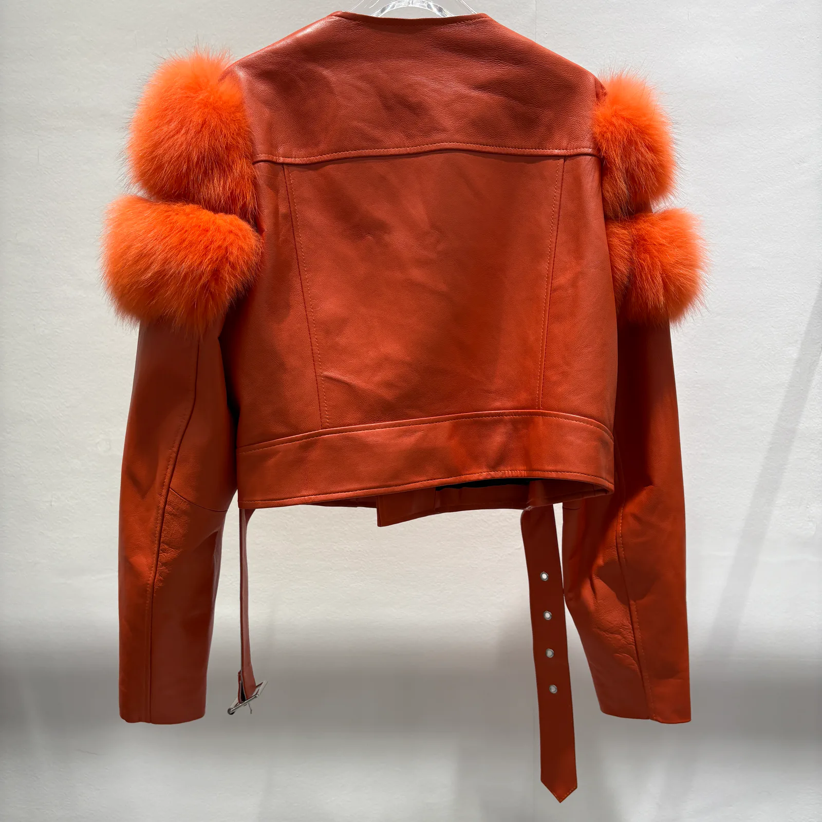 Orange Leather Biker Jacket with Fox Fur Shoulder Panels — back view
