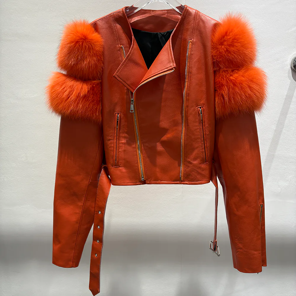 Orange Leather Biker Jacket with Fox Fur Shoulder Panels — photographed reference