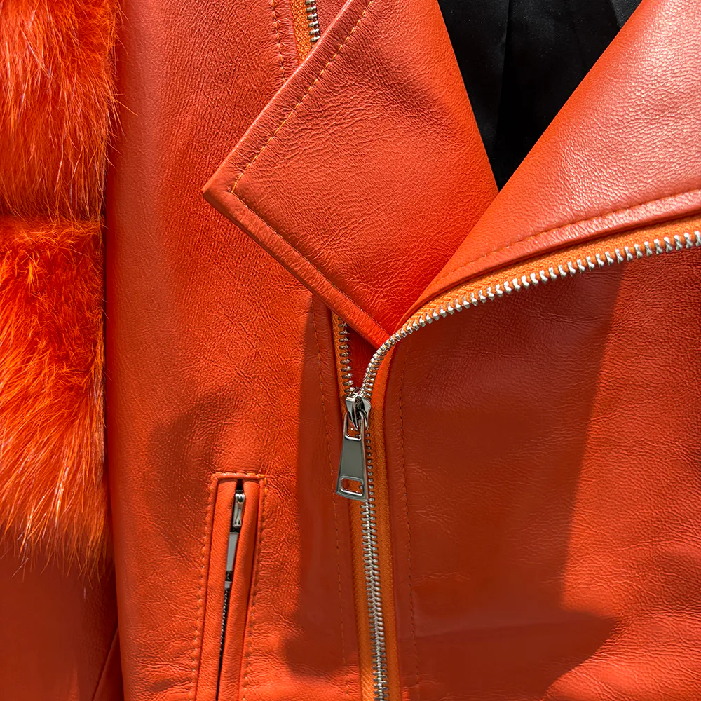 Orange Leather Biker Jacket with Fox Fur Shoulder Panels — zipper detail
