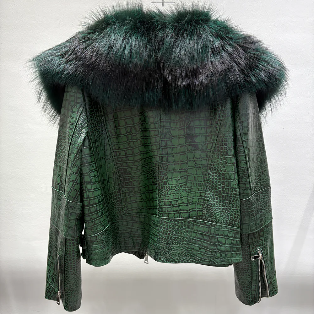 Green Embossed Cowhide Jacket with Fox Fur Collar — back view