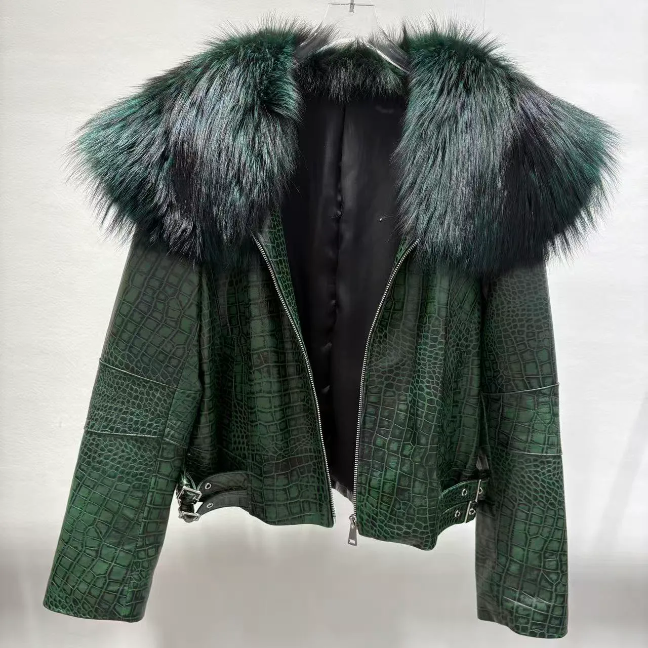 Green Embossed Cowhide Jacket with Fox Fur Collar — photographed reference