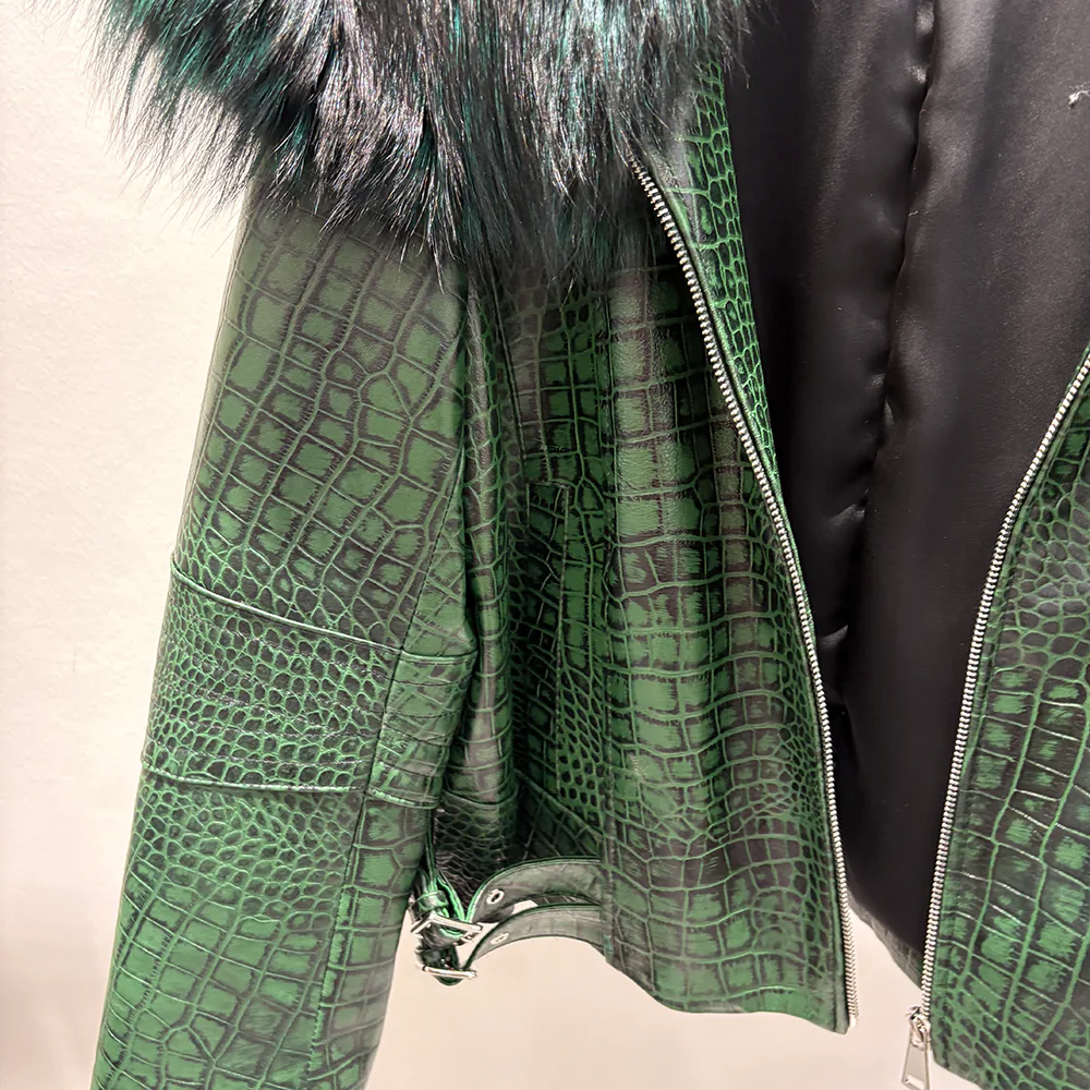 Green Embossed Cowhide Jacket with Fox Fur Collar — opening and leather detail