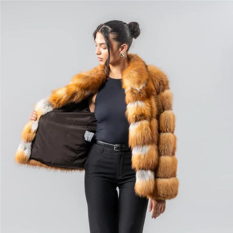 Brown Fox Fur Panel Jacket — open lining view