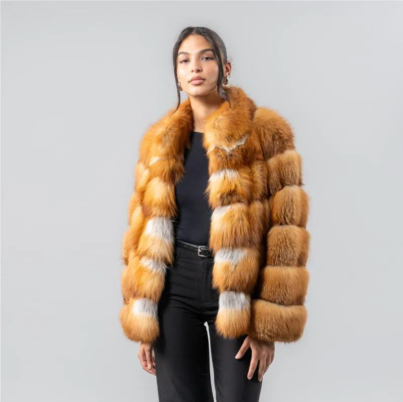 Brown Fox Fur Panel Jacket — worn front view
