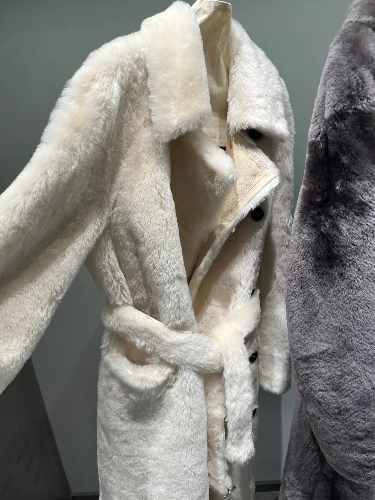 Long Double-Face Shearling Trench Coat with Belt — side and button detail